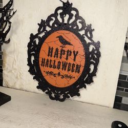 Happy Halloween Orange & Black Victorian Filigree Door/Wall Sign With Raven Design NWT