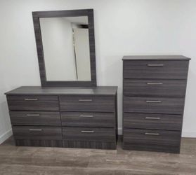 Dresser with mirror and chest – White, Black, and Gray