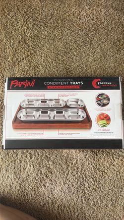 NIB Parini Stainless Steel Condiment Tray Set with Acacia Wood Caddy – 8 Compartments