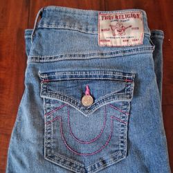 true religion mid rise flare jeans w pink stitching