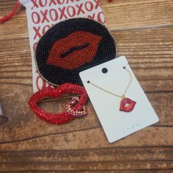 Lip Charm Necklace Brooch Coaster Set