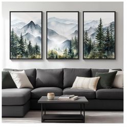 Framed 3-Piece Mountain Landscape Wall Art Set – Large Foggy Forest Watercolor Prints (24x36 Inch Each)