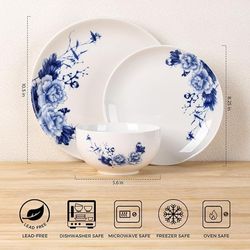 Ceramic Dish Set for 4 - White w/ Blue Peony Flower Pattern - 12 Pieces NEW - 2 Sets Available