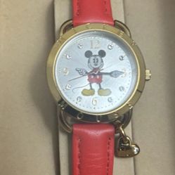 Vintage Mickey Mouse Gold Watch with Heart Charm & Pink Strap TESTED 