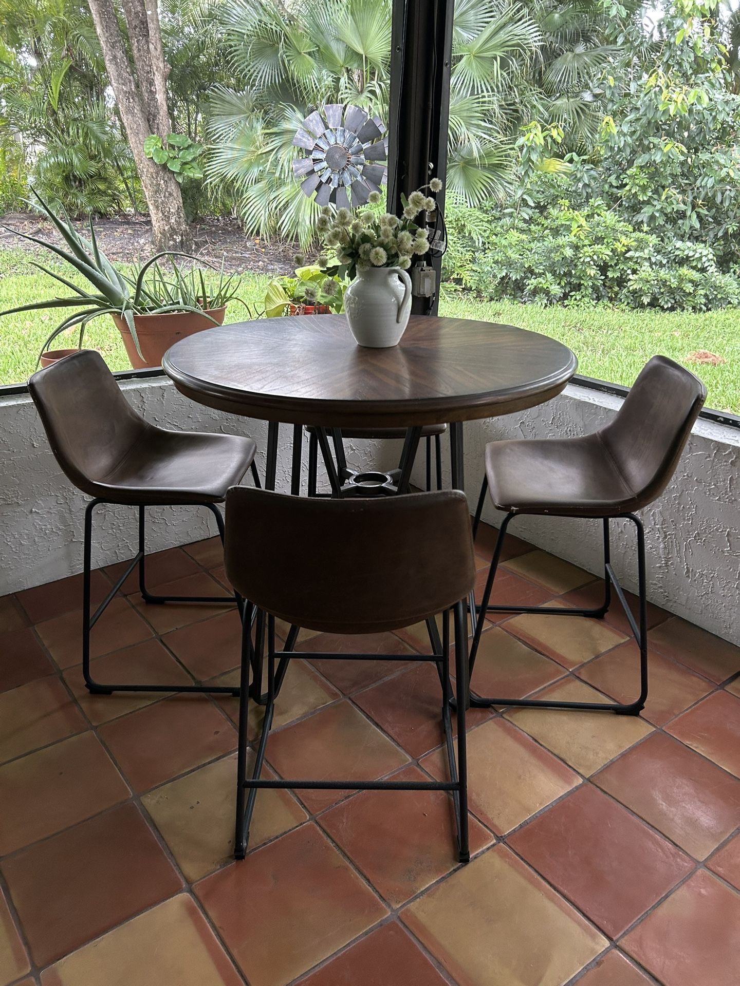 Wood Tone With Black Metal Legs Pub Table With 4 Stools