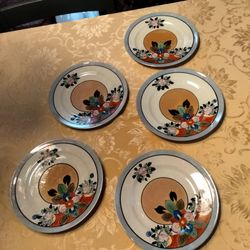 Set of 5 Hand-Painted Floral Ceramic Saucers