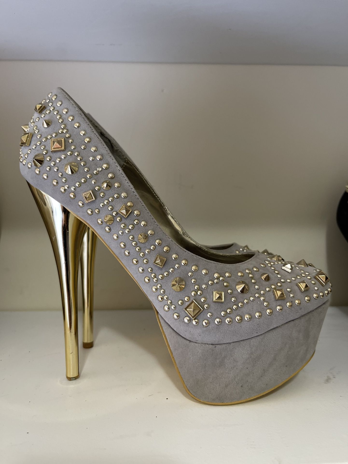 Grey High Heels With Rhinestones