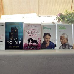 6 books, suicide notes by Michael Thomas Ford, the last to die by Kelly Garrett, the girl who wrote the wind by Stacy Greg, Greta Thungberg, Nelson Ma