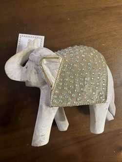 White Elephant Figurine Statue Gold Sequin Embellished Accent Decor