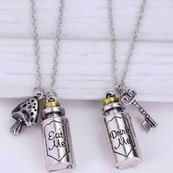2 pc Alice In Wonderland Eat Me Drink Me Bottle Necklace Set Couples Friendship w Gift Bag