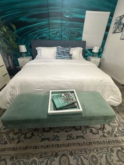 King Size Mattress + Modern Gray Upholstered Bed Frame – $350