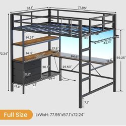 Full-Size Bed Frame With Desk Loft Style 