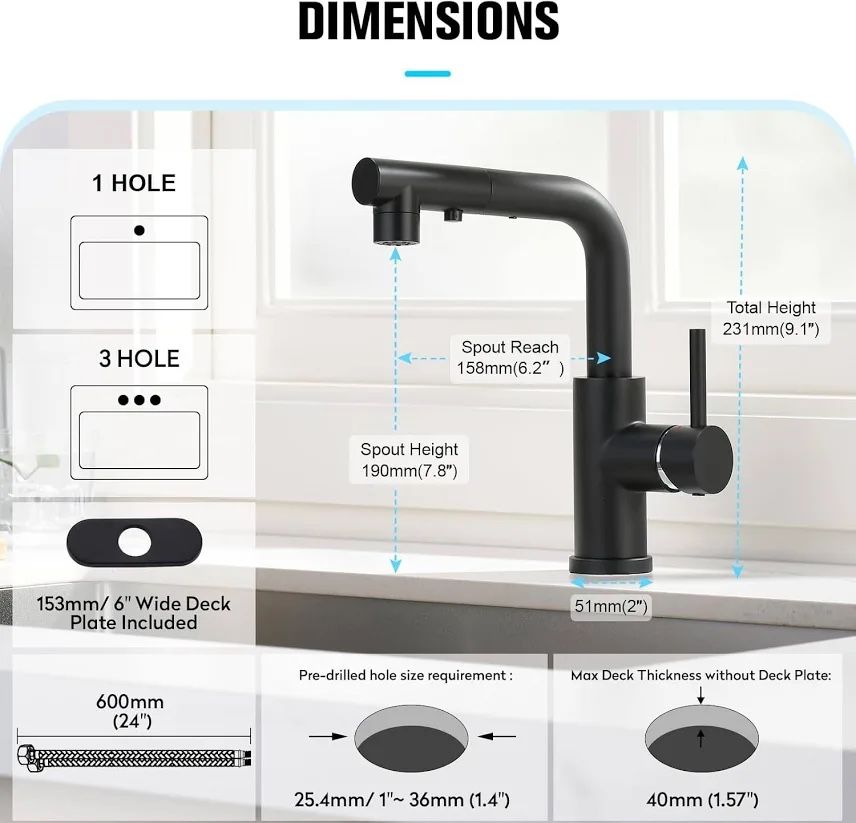 CREA Black Kitchen Faucet with Pull Down Sprayer, Bathroom Sink Faucet, Mini Bar Prep Faucet, Single Handle, 3 or 1 Hole, Utility Faucet, Outdoor Tap