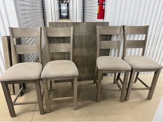 Gray Wood High-Top Dining Table with 4 Matching Chairs – Excellent Condition