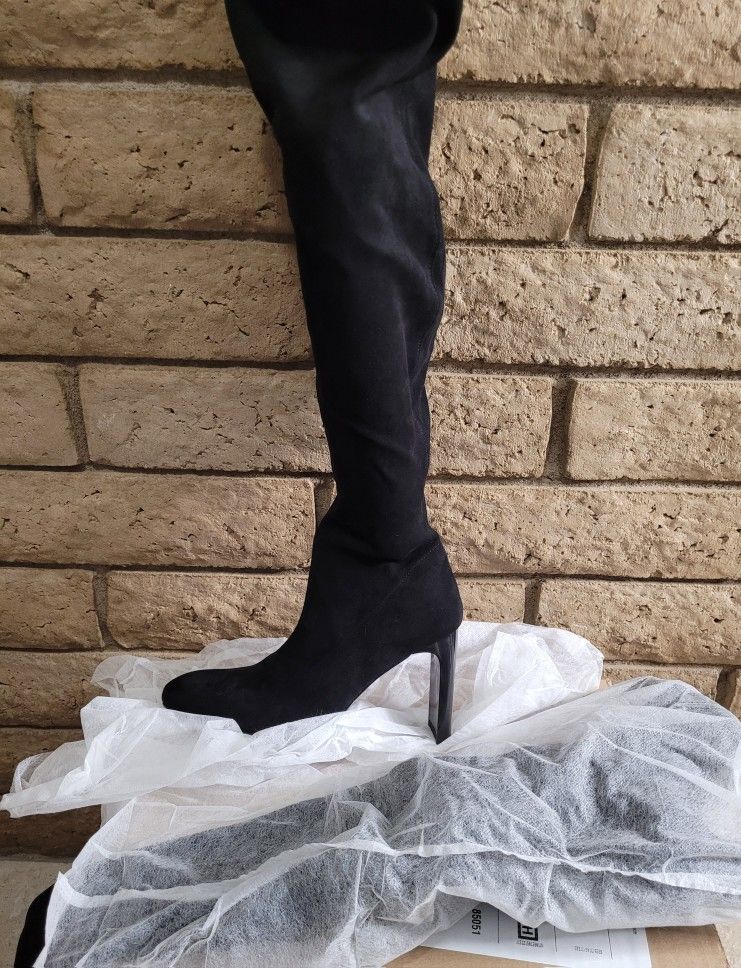 Thigh High Boots Square Toe Black Boots