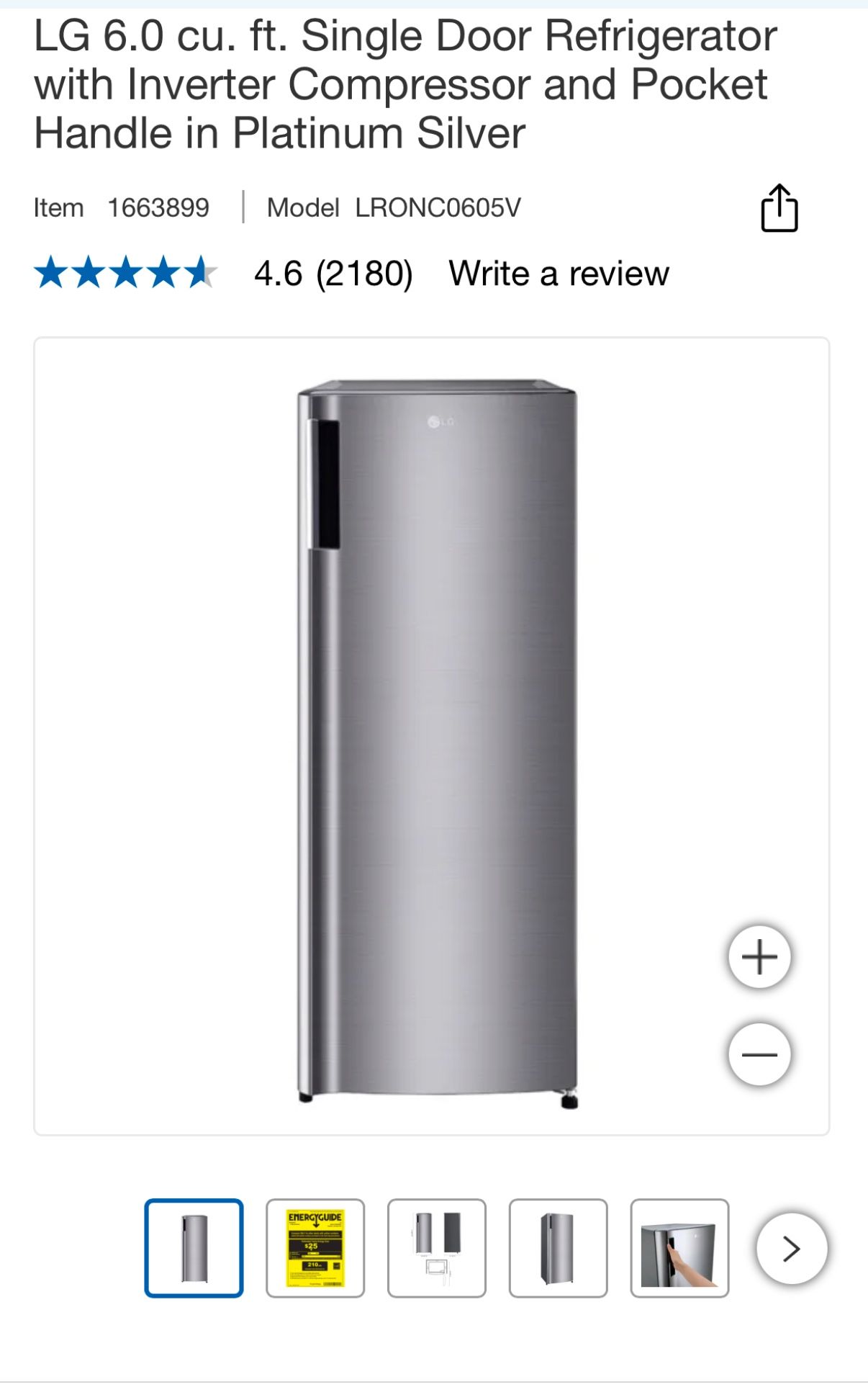 LG 6.0 cu ft Single‑Door Refrigerator – Inverter Compressor, Pocket Handle – Platinum Silver (Never Used)