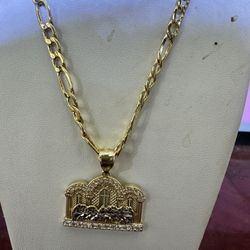 14k Gold Figaro Chain W Last Supper Pendant 