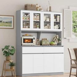 75" x 55" Kitchen Pantry Storage Cabinet with Glass Doors and Drawers, Wide China Cabinet Hutch