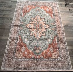 🌻 5’ x 7’ Vintage Sunflower Area Rug – Machine Washable/Green,orange,beige, brown and white