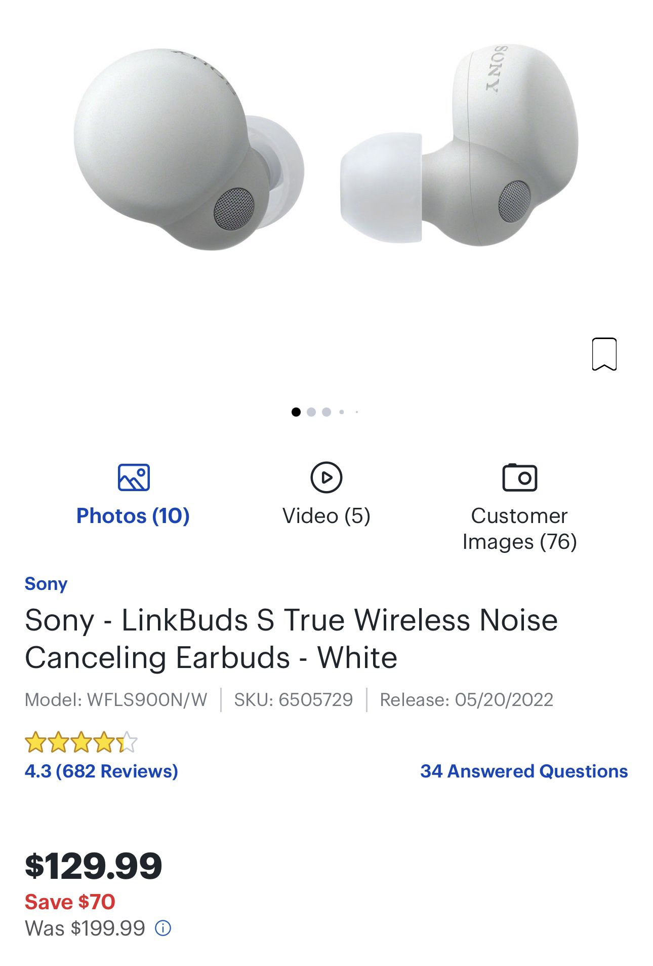 Sony- LinkBuds S True Wireless Noise Canceling Earbuds + Protective Case  (Warranty Included On Earbuds)