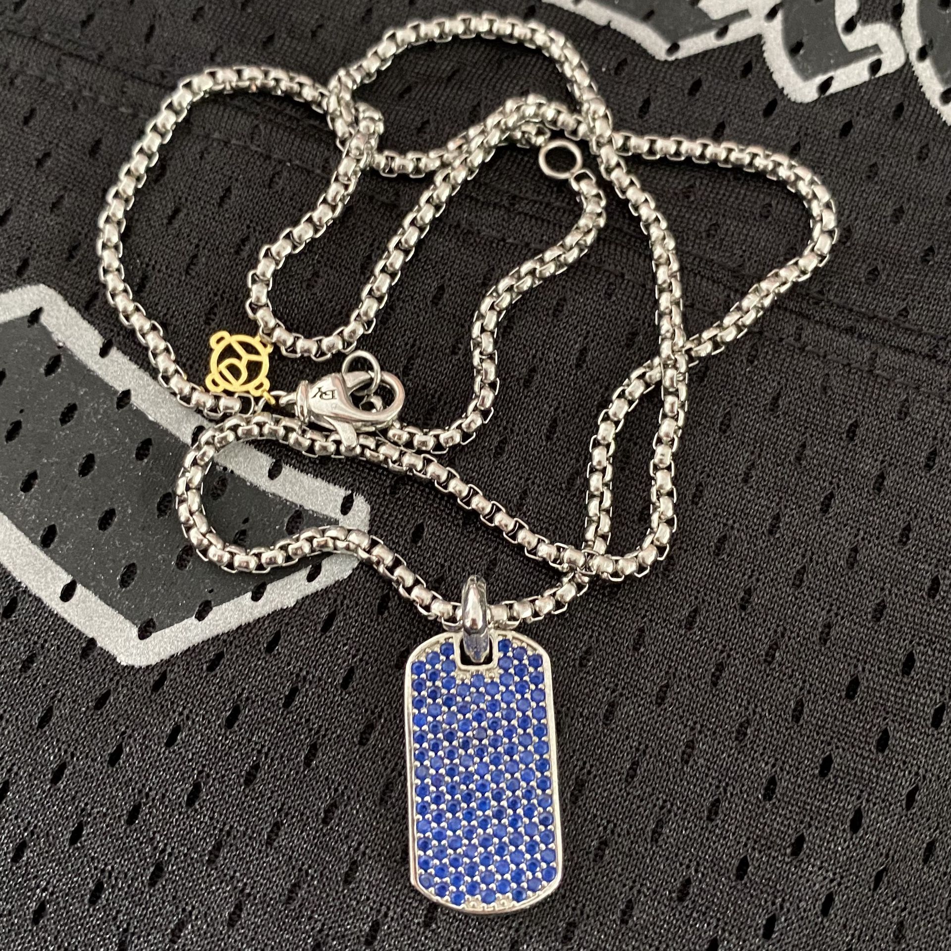 David Yurman Pavé Tag Necklace in Sterling Silver with Blue Diamonds