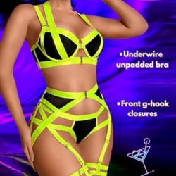 Sexy Lingerie For Women Garter Belt Thong,Strappy Underwire Corset Exotic Stripper Glow In The Dark Party Set P Black Mesh Neon Green