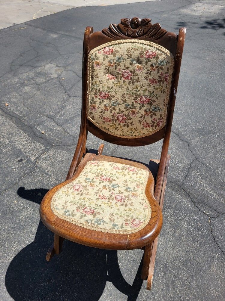 Antique Victorian Rose Embroidered Tapestry Carved Walnut Folding Rocking Chair