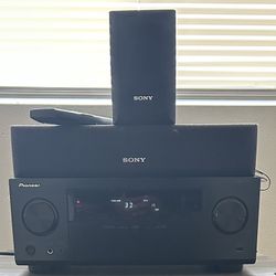 PIONEER RECEIVER, SONY MONITOR WITH SOUNDBAR, TWO INFINITY MONITORS WITH SUBWOOFER
