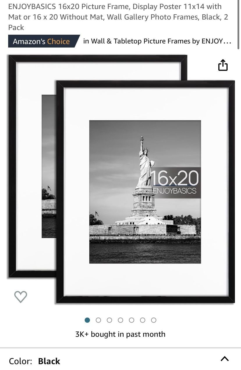 ENJOYBASICS 16×20 Picture Frame, Display Poster 11×14 with Mat or 16 × 20 Without Mat, Wall Gallery Photo Frames, Black, 2 Pack Shipping and Local Pi