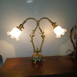 Antique Art Nuevo Or Style Brass Double Lamp 