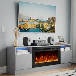 Fireplace TV Stand with 36" Electric Fireplace, LED Light Entertainment Center, Modern Wood Texture Entertainment Stand with Highlight Storage Cabinet