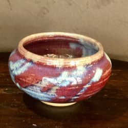 Studio Art Pottery Bowl Glazed Pottery Blue / Cranberry Signed by Artist