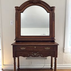 Vintage Solid Wood Mirror + Side Table