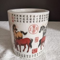Vintage Hand-Painted Chinese Porcelain Horses Pattern Brush Pot