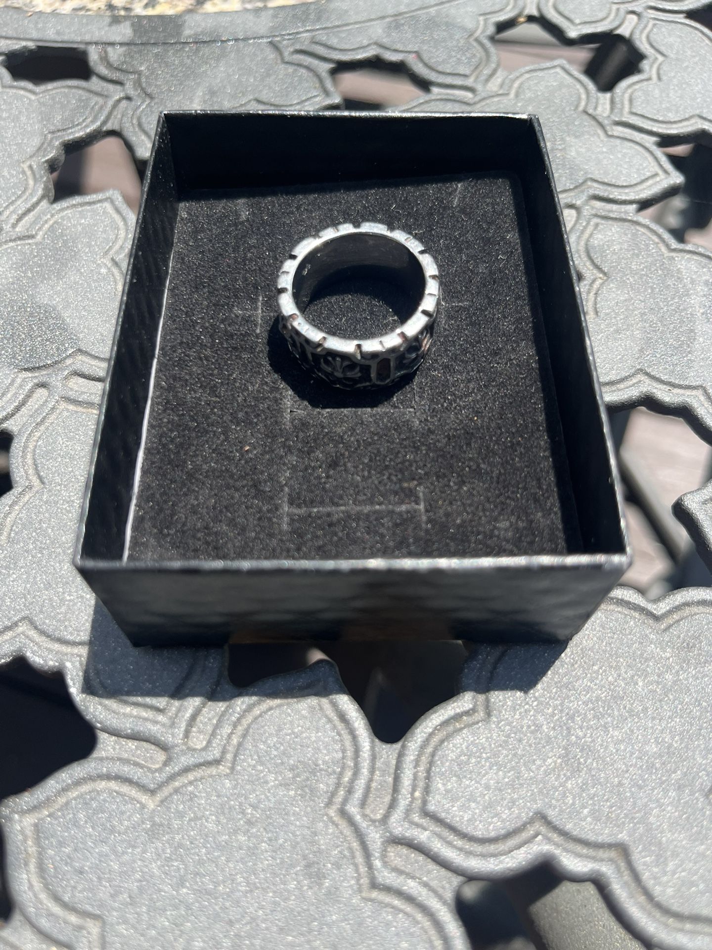 Chrome Cross Black White Indented Stainless Steal Ring 