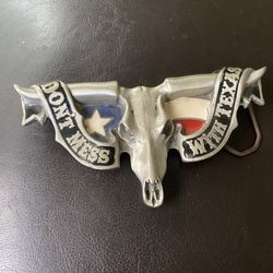 Don’t Mess With Texas Belt Buckle Bull Horn Flag Skull-Solid Pewter 