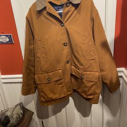 Gently Worn Ladies Size Large Lands End Brown Barn Coat with Leather Collar and Quilt Lined