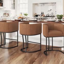 Siska 26 in.Modern Brown Faux Leather Upholstered Counter Stool with Black Metal Frame Barrel Bar St