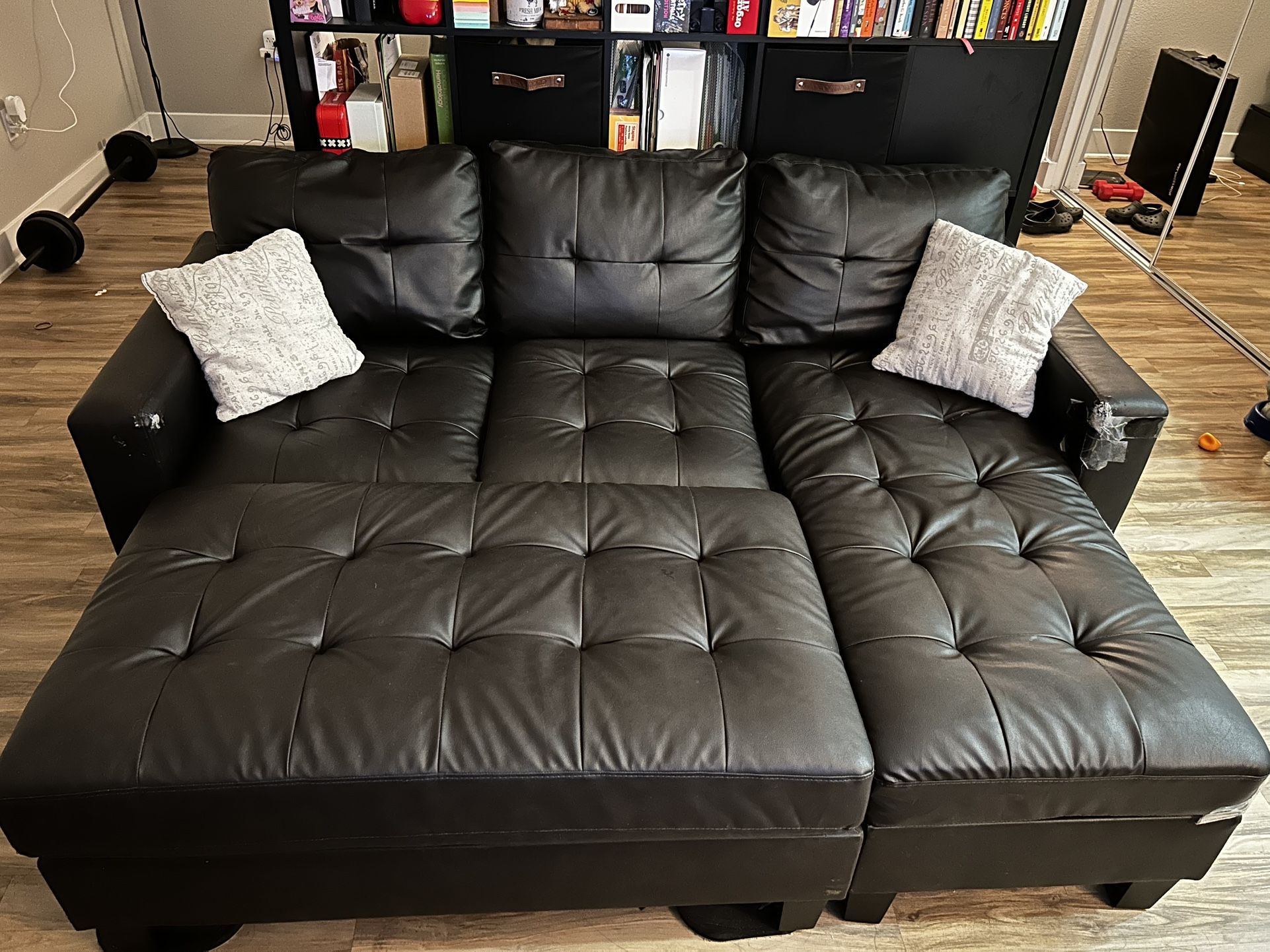 L - Shaped Bonded Leather Sectional Couch With Ottoman (2 Accent Pillows Included!)