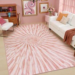 8x10 Ultra Thin Pastel Washable Area Rug in Pink/Ivory Abstract Swirl Print, NEW