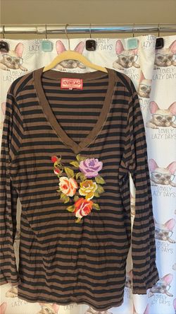 Striped Long Sleeve Top with Floral Embroidery