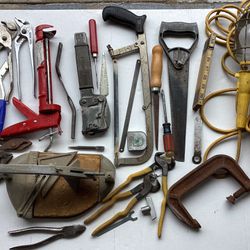 Vtg. 25+ Assorted Tools, C-clamp,Pliers, Caulking Gun, Tile Snips,Tile Cutter,Foldout Wood Ruler,Mallet,Saws,Shop Metal Cage Lamp etc. Preowned