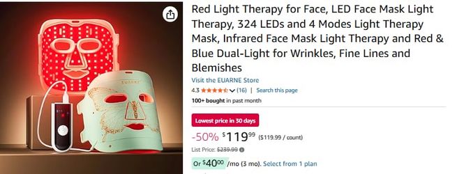 Red Light Therapy for Face, LED Face Mask Light Therapy, 324 LEDs and 4 Modes Light Therapy Mask, Infrared Face Mask Light Therapy and Red & Blue Dual