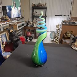 Vibrant Hand Blown Art Glass Corkscrew Spiral Centerpiece-Sommerso Technique W/Green & Blue Hues & Clear Glass 13"H Weighs 3LBS 9OZ 