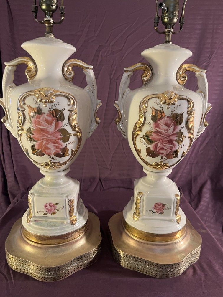 VINTAGE FRENCH CERAMIC ROSE LAMPS