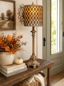 French Candlestick Buffet Lamp Metal Lattice Lamp Shade 34" Tall