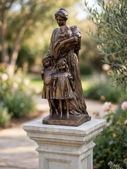 16.5in Vintage Mother with Three Children Statue - Bronze Tone Motherhood Sculpture (No Stand)