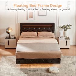 Morden Fort Floating Bed Frame King Size Bed Frame with LED Lights,Upholstered Leather Headboard Platform, Under Storage Space, Solid Wood Slats