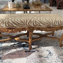 Antique Heavily Carved Ornate Wood Hall Or Bed Bench With Tiger Zebra Print. Excellent Condition. 44” Long X 17.5” Deep X 18” Tall.