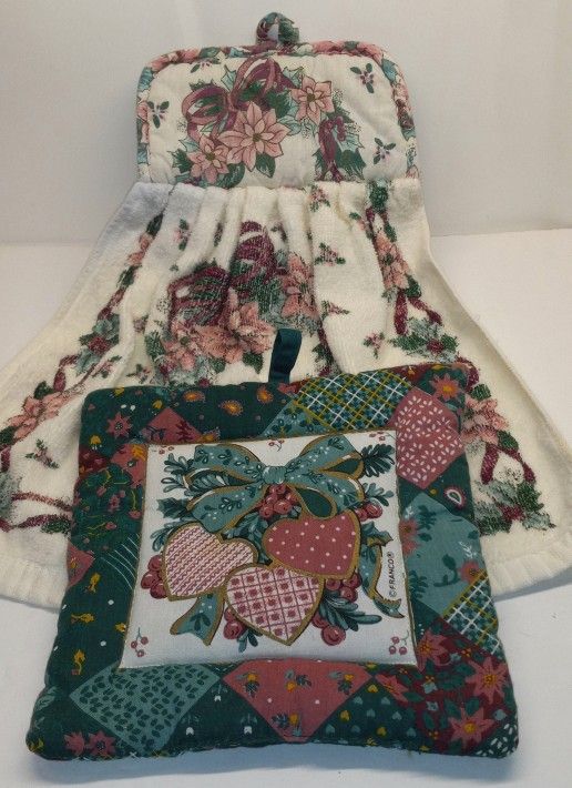 Vintage Pink Poinsettia Handmade  Hot Pad Hanging Kitchen Towel & Franco Hot Pad